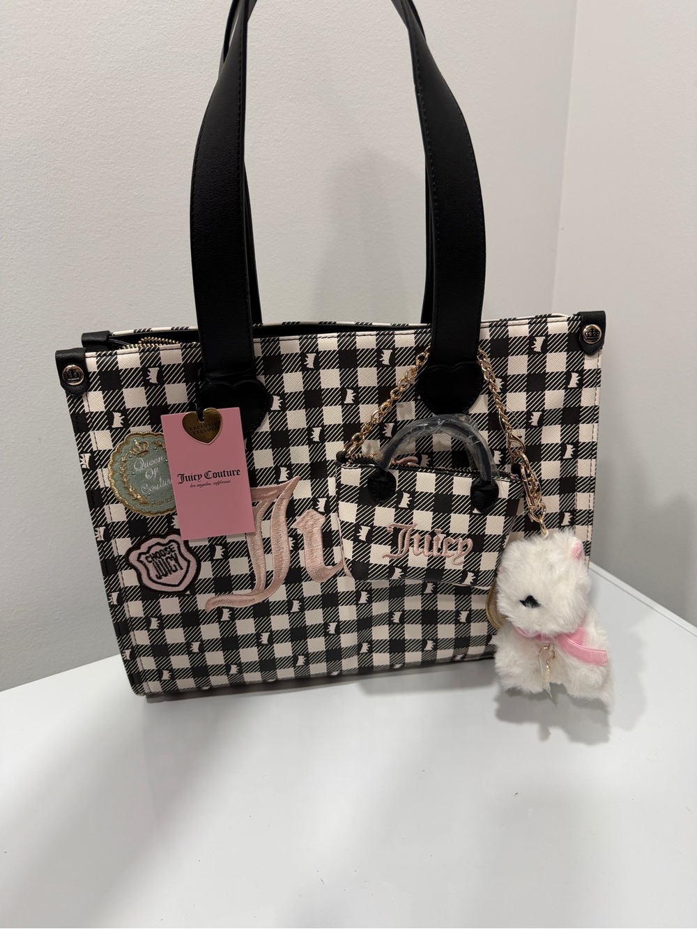 Juicy Couture Black & White Gingham Tote with Pink Accents and Charm
